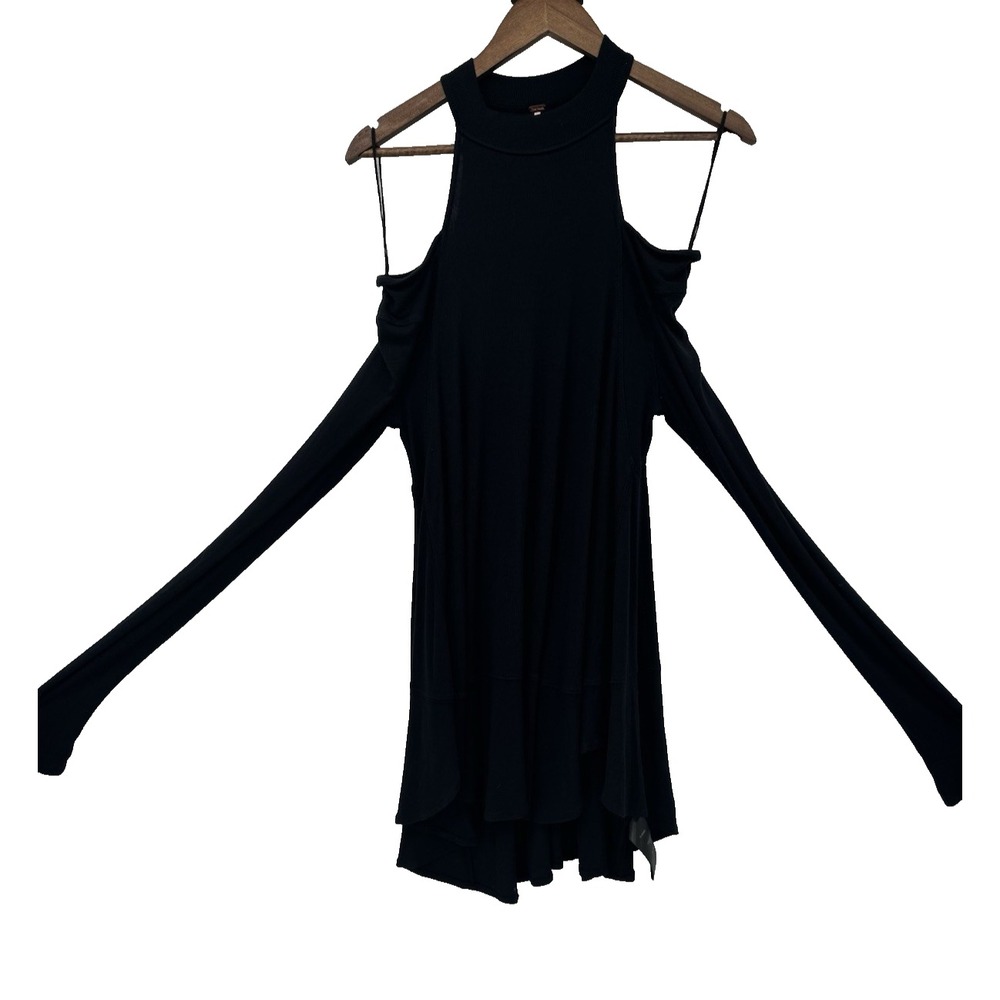 Free People Ribbed Knit Mock Neck Cold Shoulder Cutout Tunic‎ Dress M Whimsigoth
